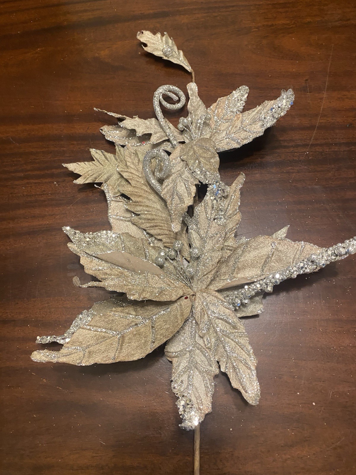 Christmas / Poinsettia Stem / Silver Glitter / Holiday Decor