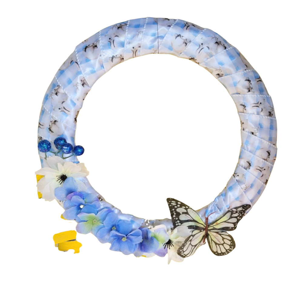 Bright Blue Bunny Spring Wreath with butterfly and pansies, middle size wreath,