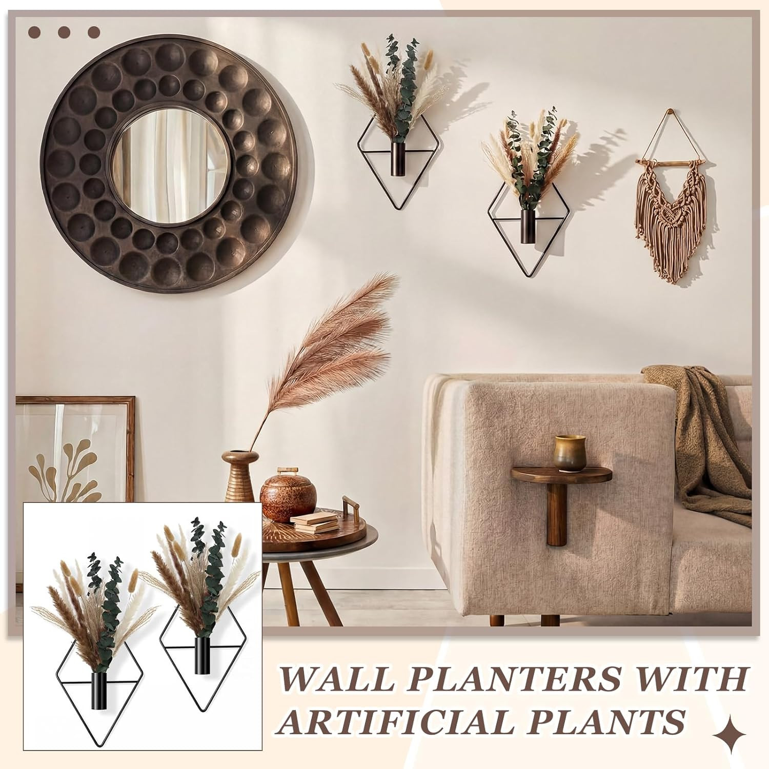 4 Pcs Hanging Planters with Artificial Pampas Grass Metal Hanging Vase Indoor Pl