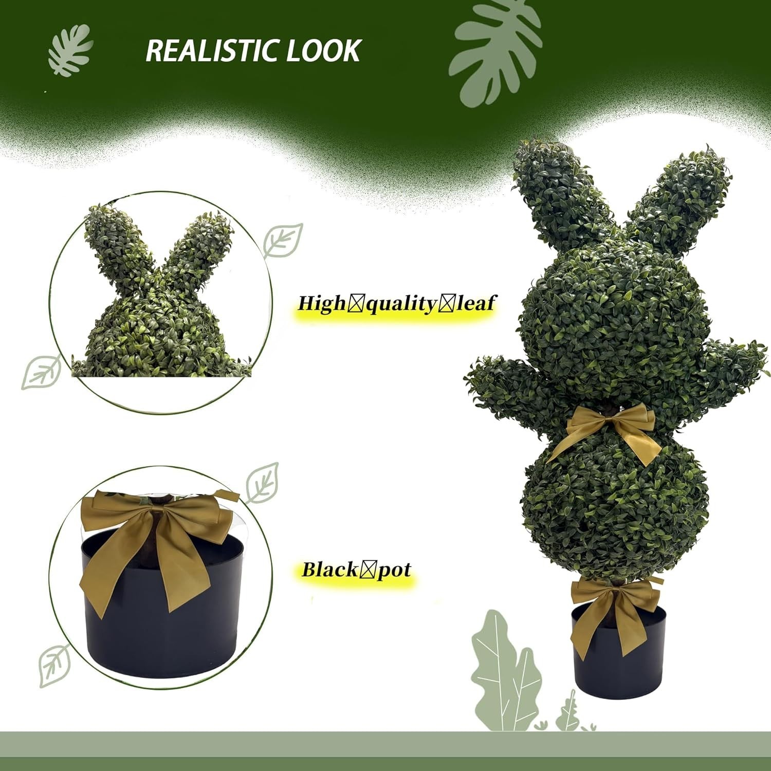36” Artificial Bunny-Shaped Topiary Double Ball Tree Pot UV-Resistant Bowknot