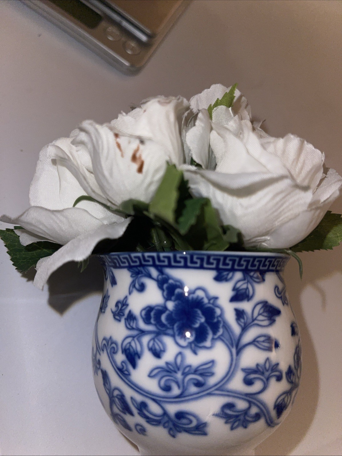Artificial Floral Arrangement Roses Blue White Porcelain Vase 2.75 n x 2.75 in