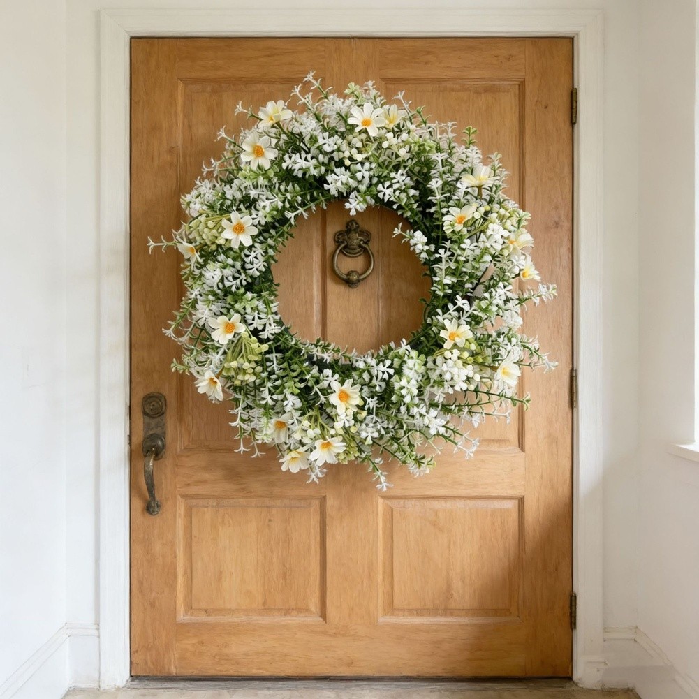 Plastic Spring Wreath White Eucalyptus Floral Decor for Door or Wall Mount