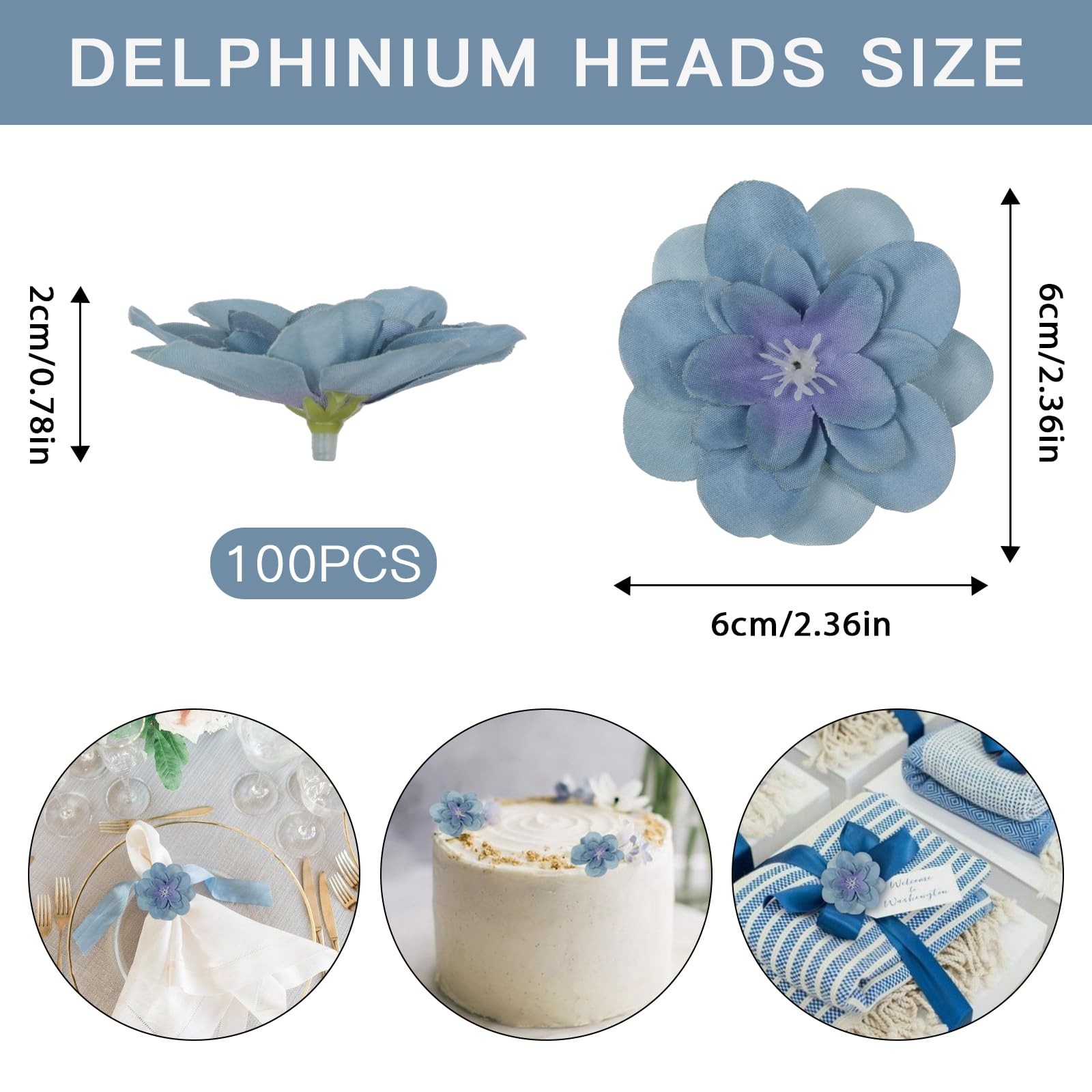 Dusty Blue Delphinium Artificial Silk Fake Flower Heads 2.3 Inch 100 PCS Craft