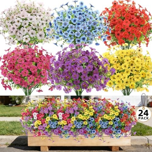 24 Bundles UV Resistant Artificial Flowers for Outdoor Planters & Garden Decor