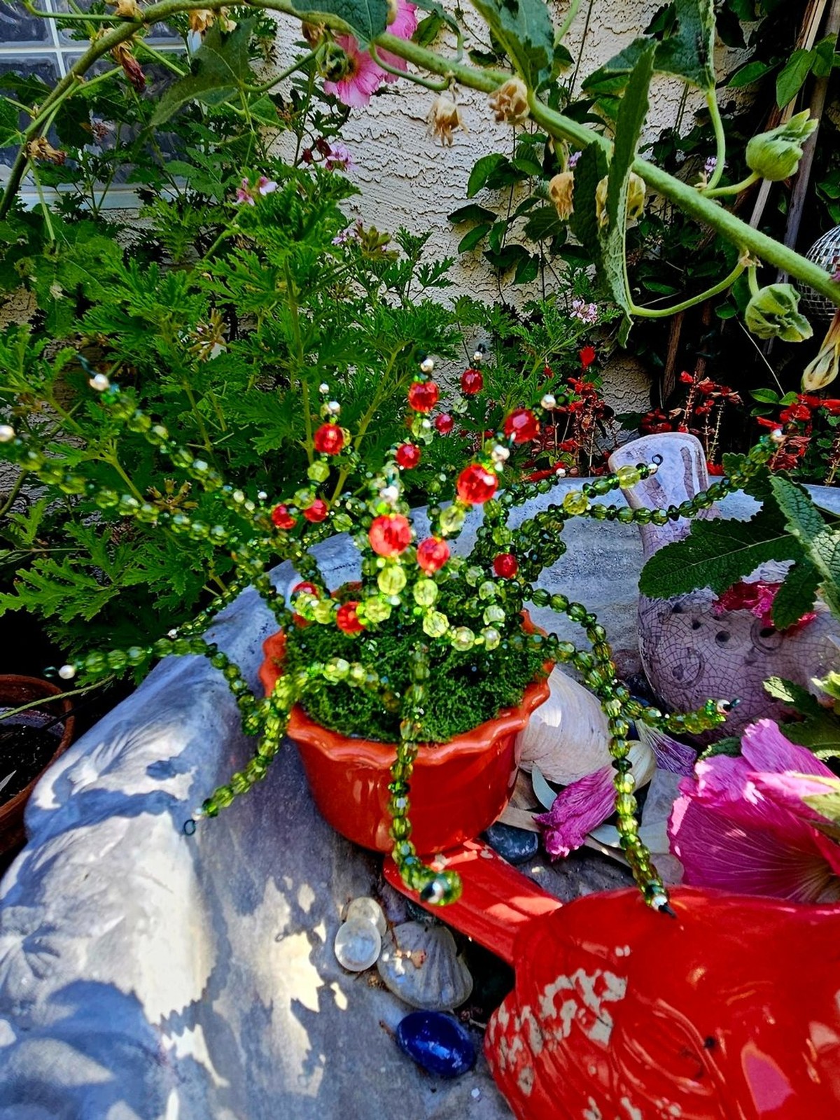 Beaded Green and Red Decorative Plant Accent