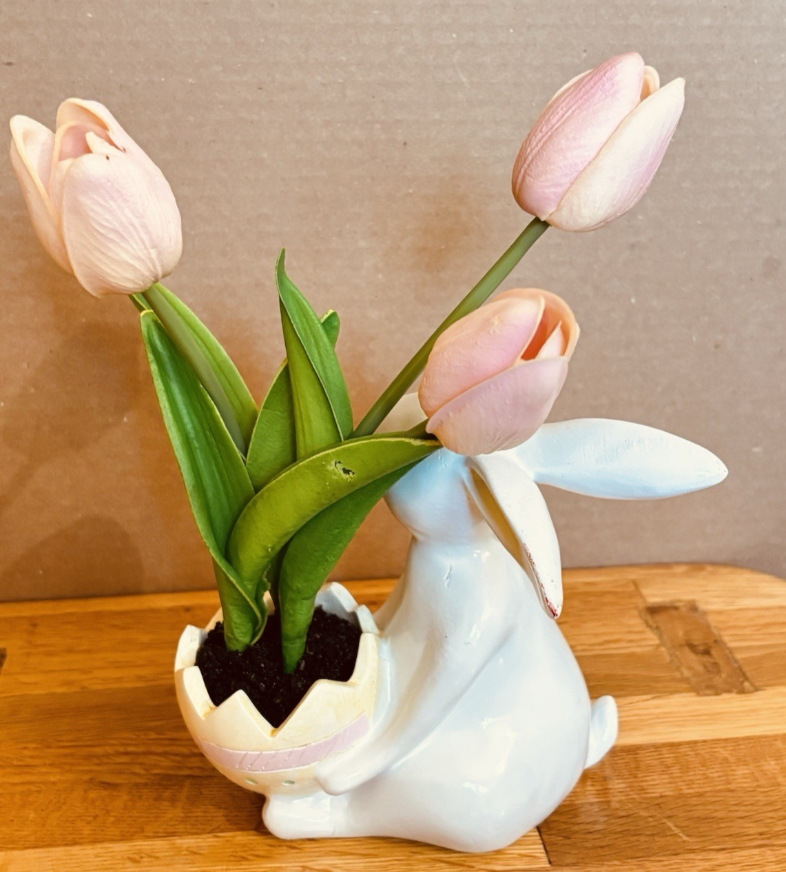 Easter Bunny Ceramic Planter Pink Tulips Spring Decor Table Centerpiece