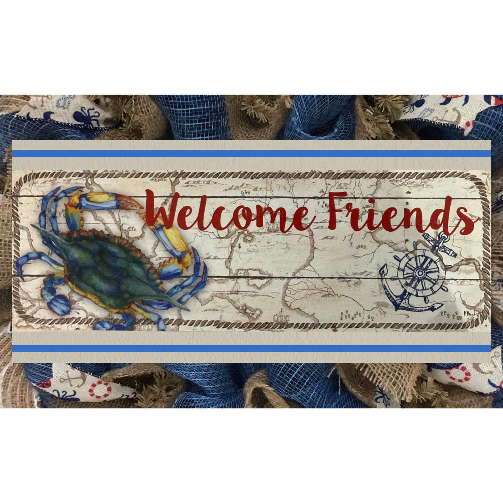Welcome Friends Nautical Crab Wreath Handmade Deco Mesh
