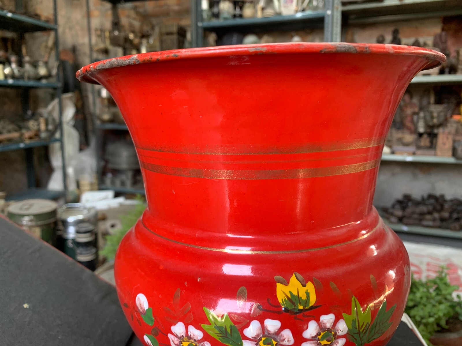 Vintage Hand Crafted Red Color Enamel Floral Leaf Design Painted Flower Vase Pot
