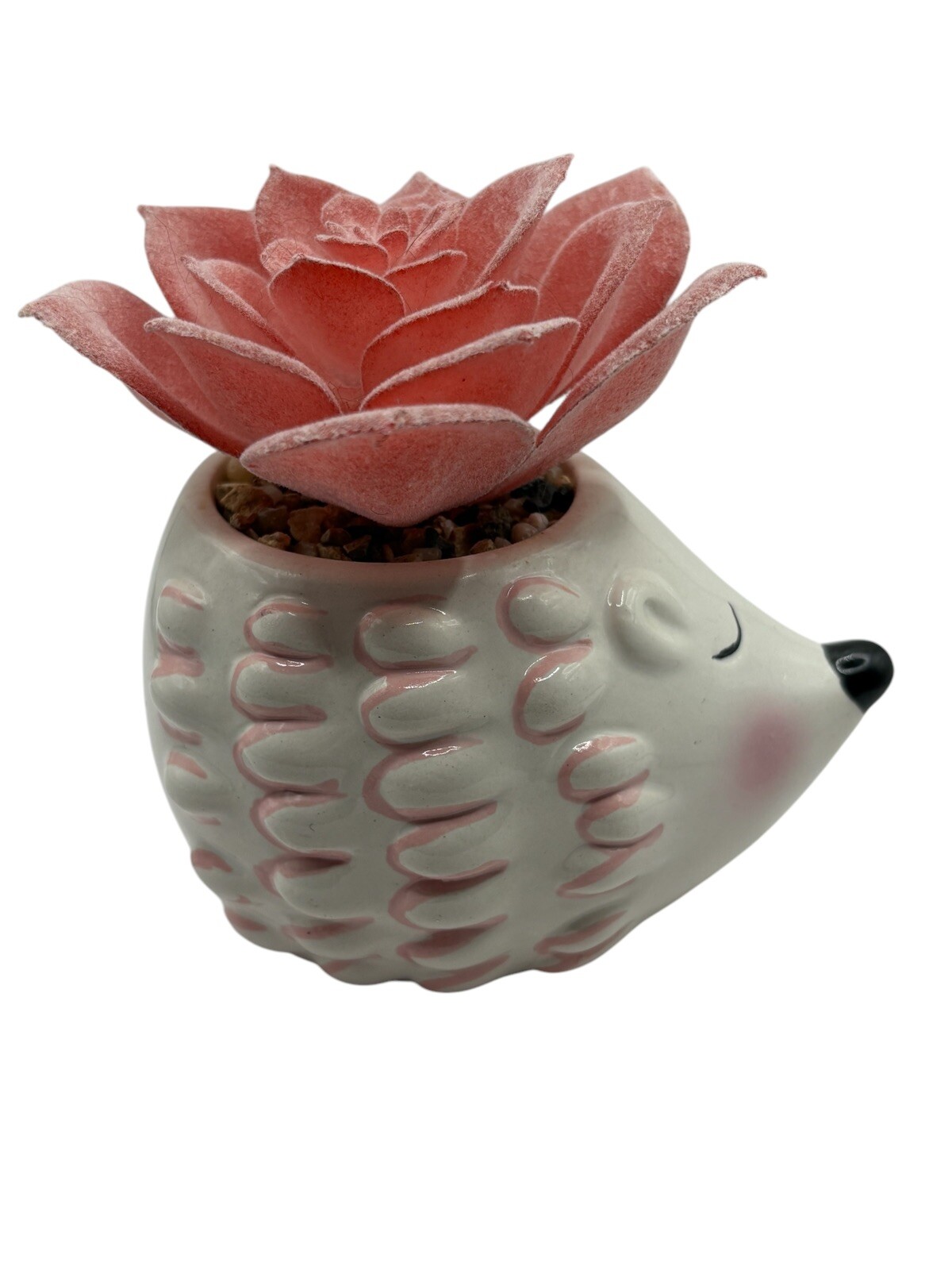 Cute Hedgehog Ceramic Flower Pot Faux Pink Succulent Animal Decoration Decor