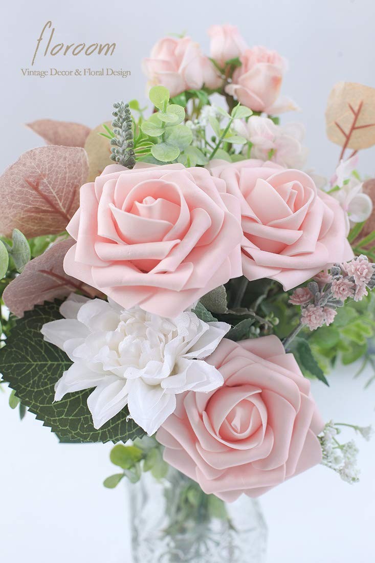 Artificial Flowers 25pcs Blush Foam Fake Roses with Stems for DIY Wedding