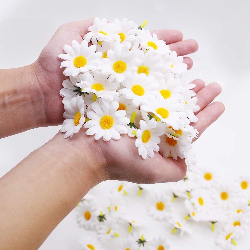 200 PCS Fabric Daisy Flower Heads 1.5 Inch White Artificial Daisies Crafts
