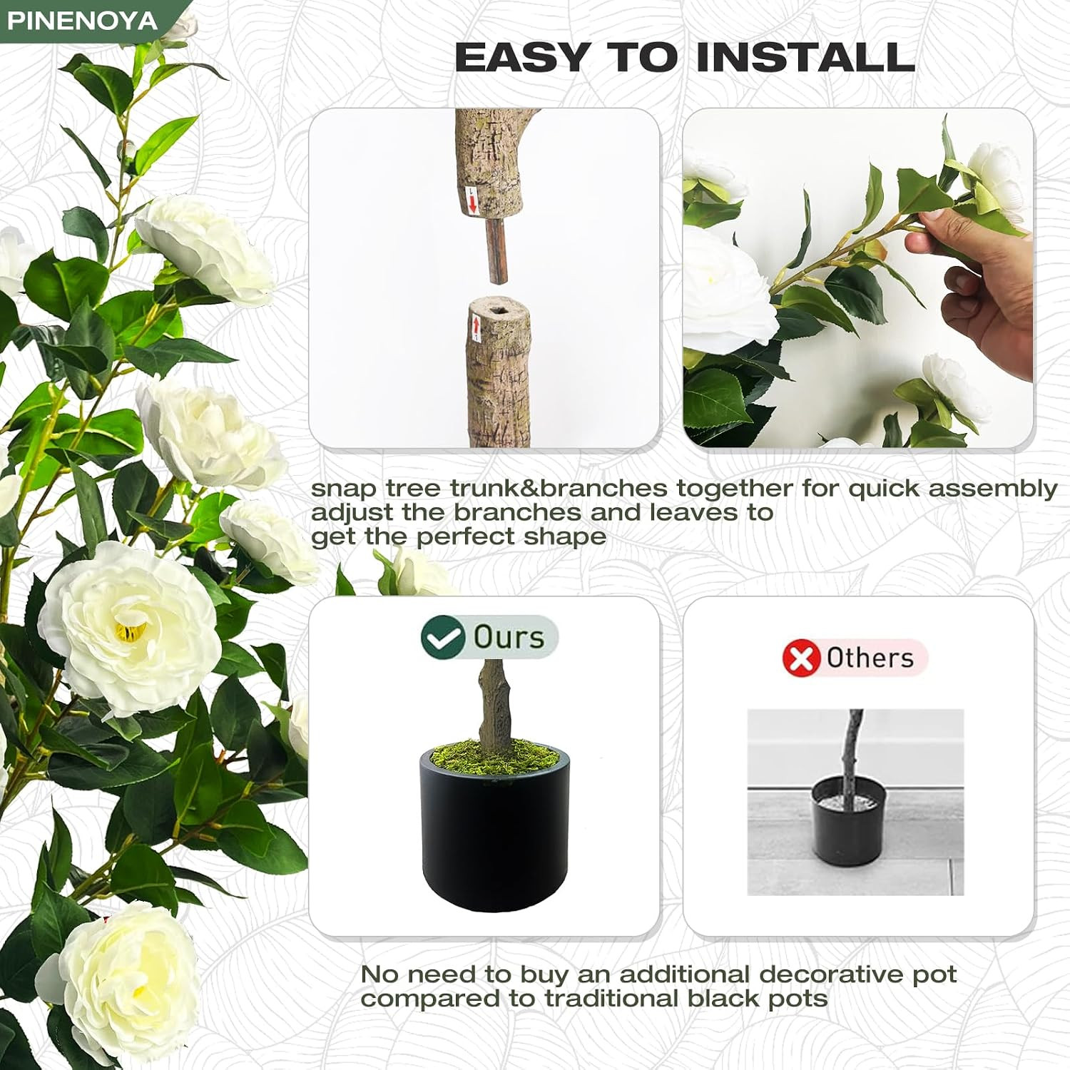 48” Artificial Camellia Tree with White Flower in Pots -2 Pack 4FT Faux Camelli