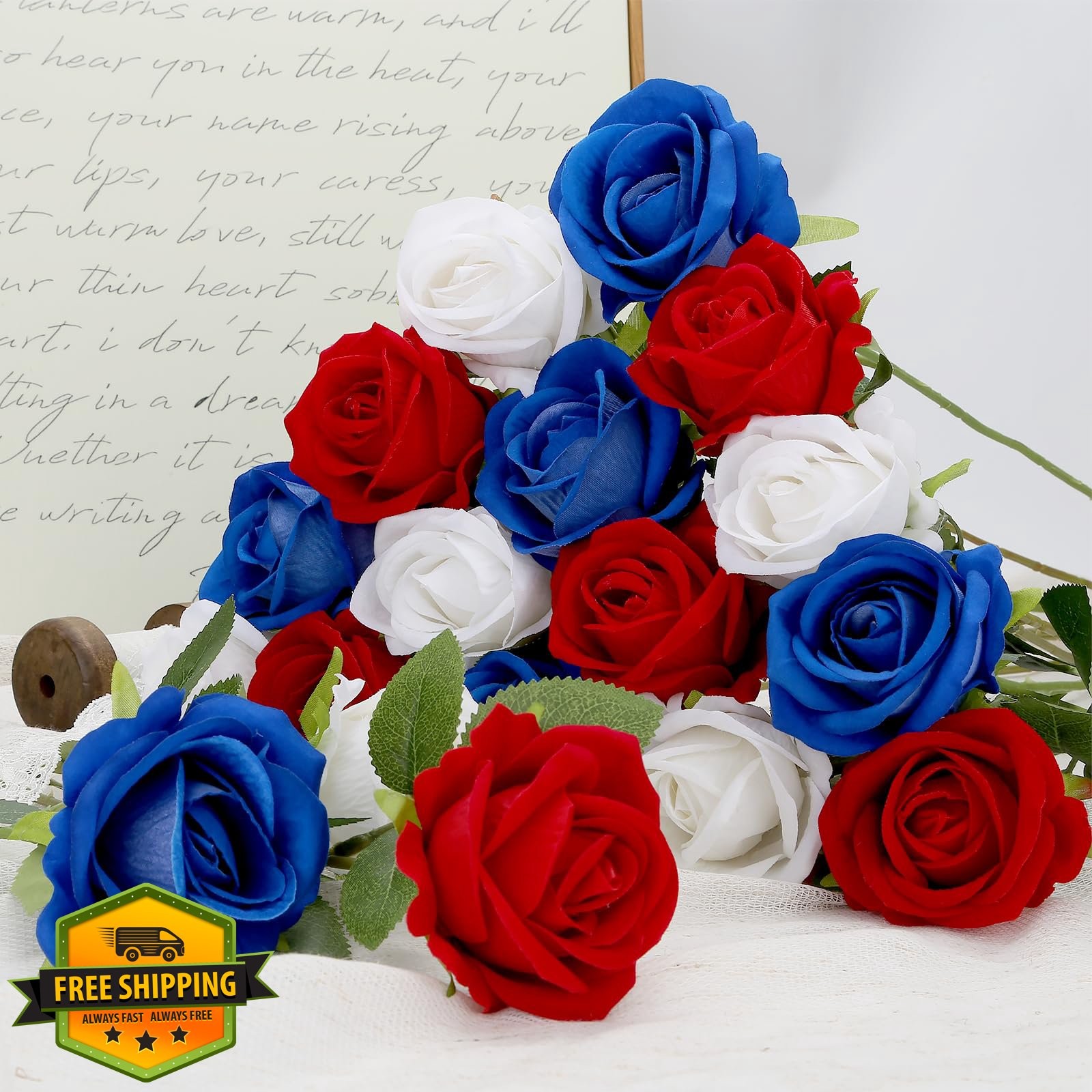 24pc Red White Blue Roses Artificial Flowers 4th July Patriotic Silk