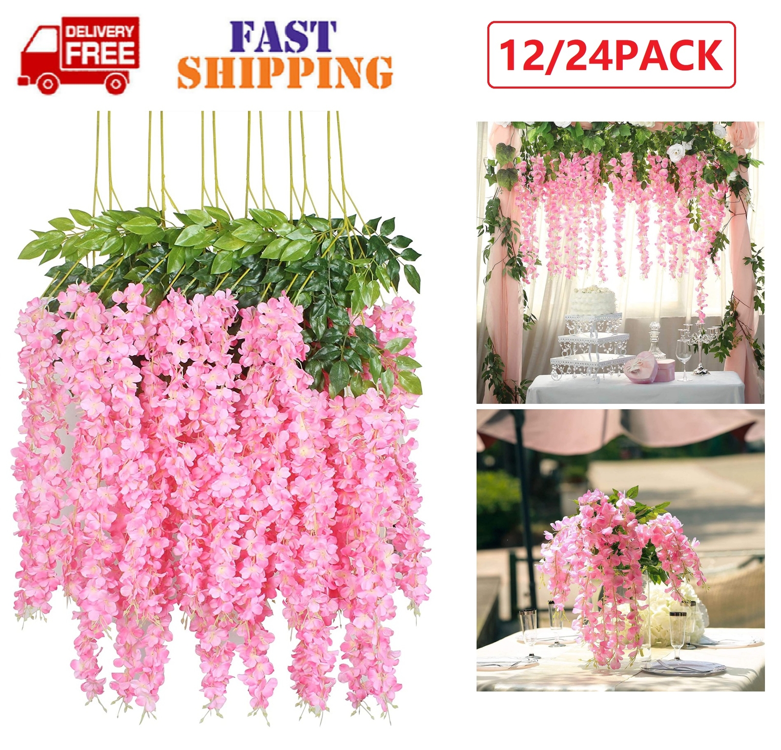 24PCS Artificial Pink Fake Wisteria Vine Ratta Hanging Garland Silk Flower Decor
