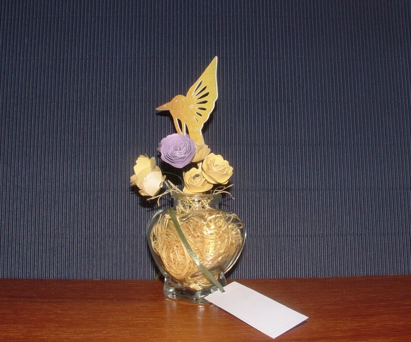 Hand Rolled Paper Flowers Hummingbird Bouquet, Glass Heart Vase, w/ Gift Tag