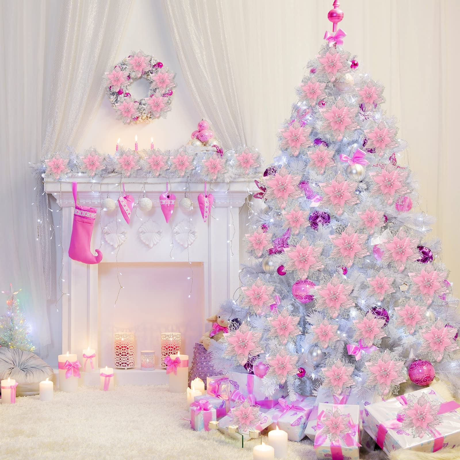 24 PCS Pink Happy New Year Glitter Poinsettia Artificial Flowers 3/4/6 Inch