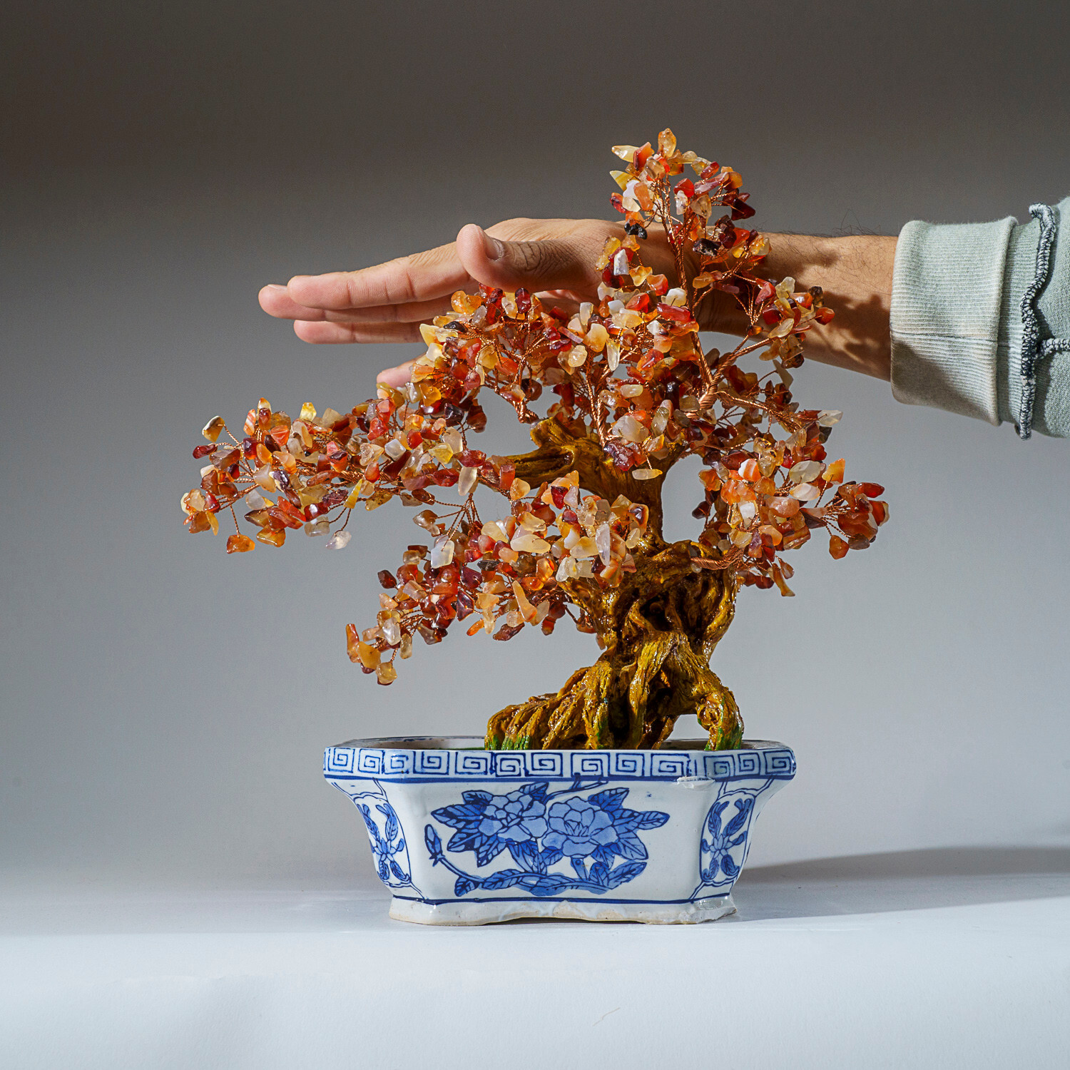 Genuine Carnelian Bonsai Gemstone Tree in Square Ceramic Pot (12”)