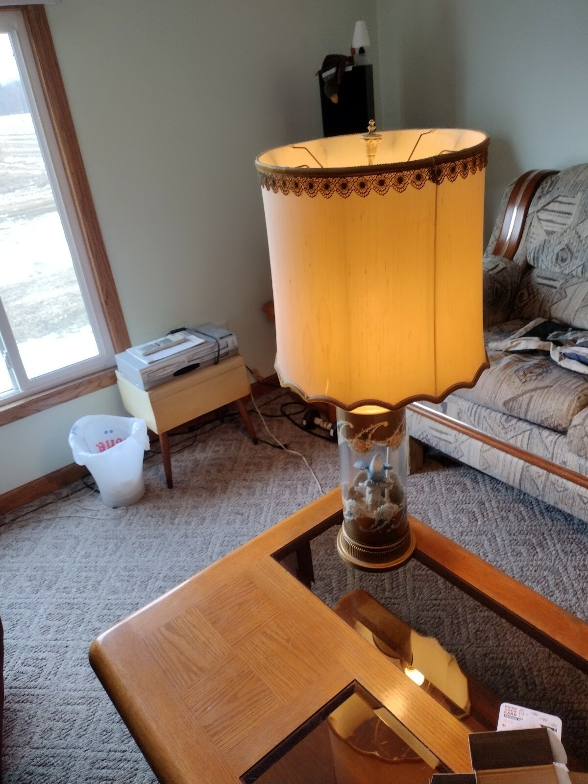 Vintage Antique Glass Lamp Decorated Floral and Bird inside 36″ tall SEE SEE