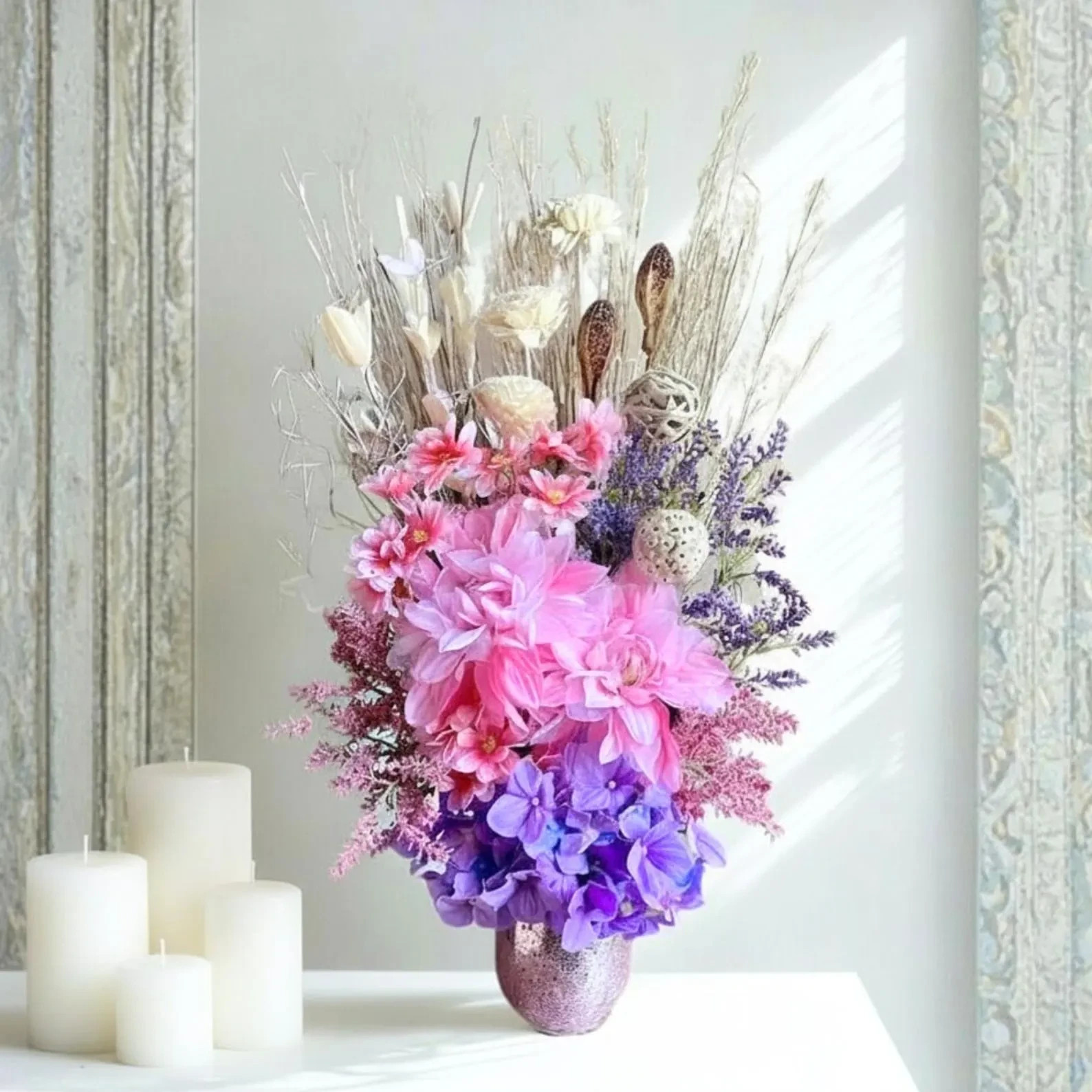 Large Pink & Purple Floral Arrangement: Shabby Chic Home Decor Table Centerpiece