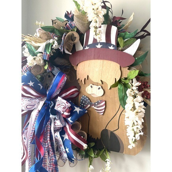 Grand Patriotic Highland Cow Wreath Patriotic Americana Decor
