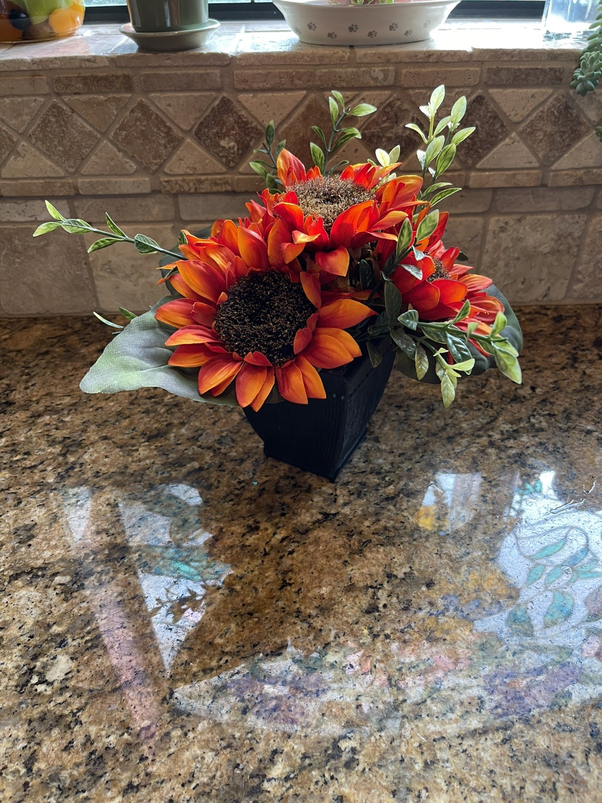 Sunflower Artificial Floral Arrangement In Ceramic Pot. Approx 9 “ tall.