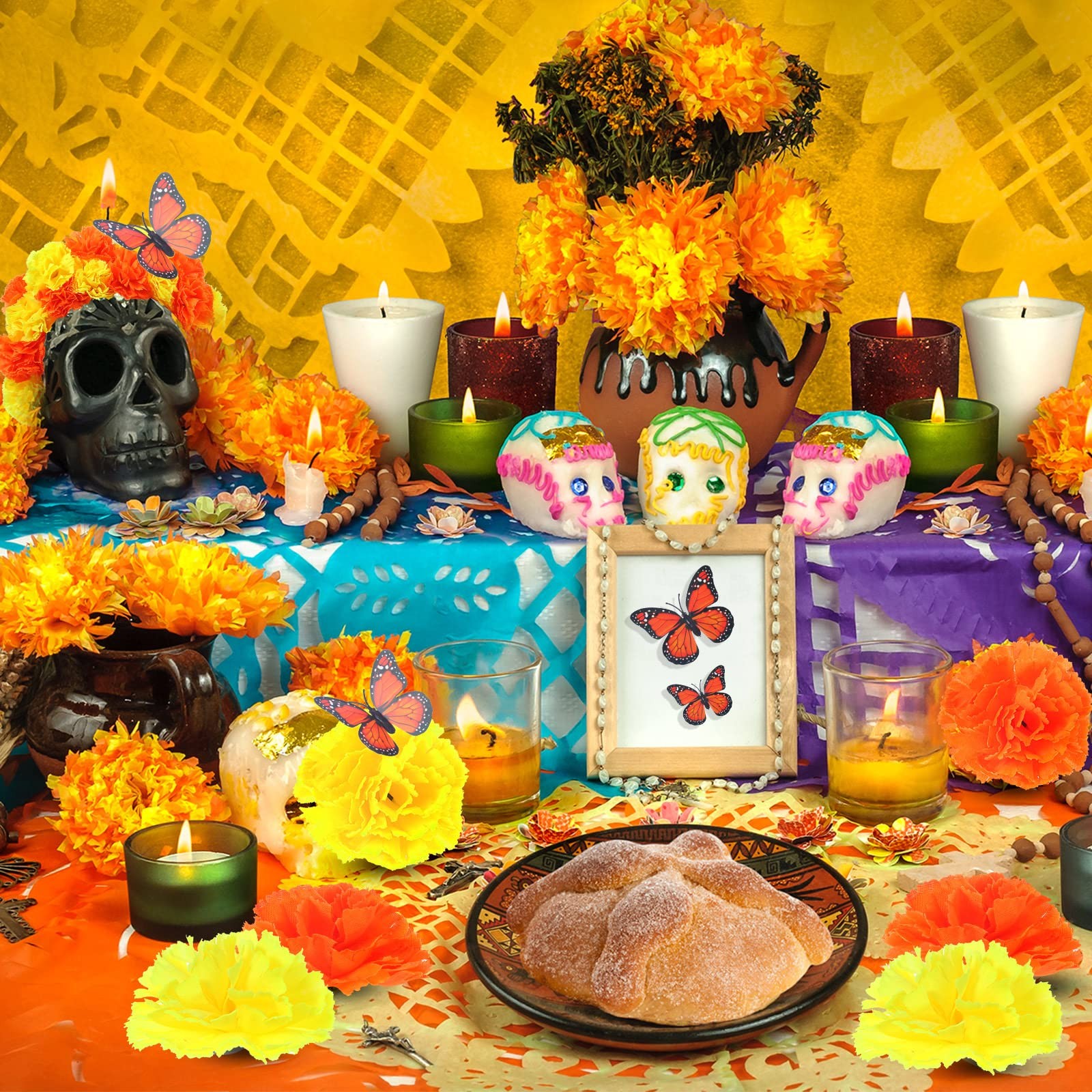 156 Pcs Day of The Dead Decorations Include 120 Pcs Fake Marigold Flowers wit…