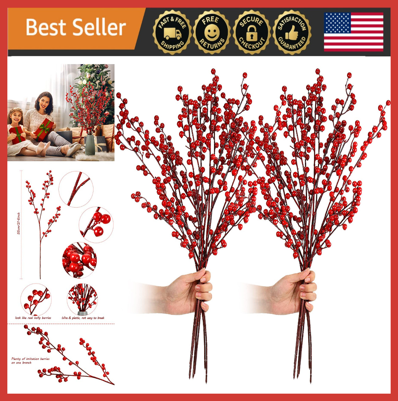 Artificial Red Berry Stems 21.6″ Christmas Decor, Holly Branches, 16 Pcs