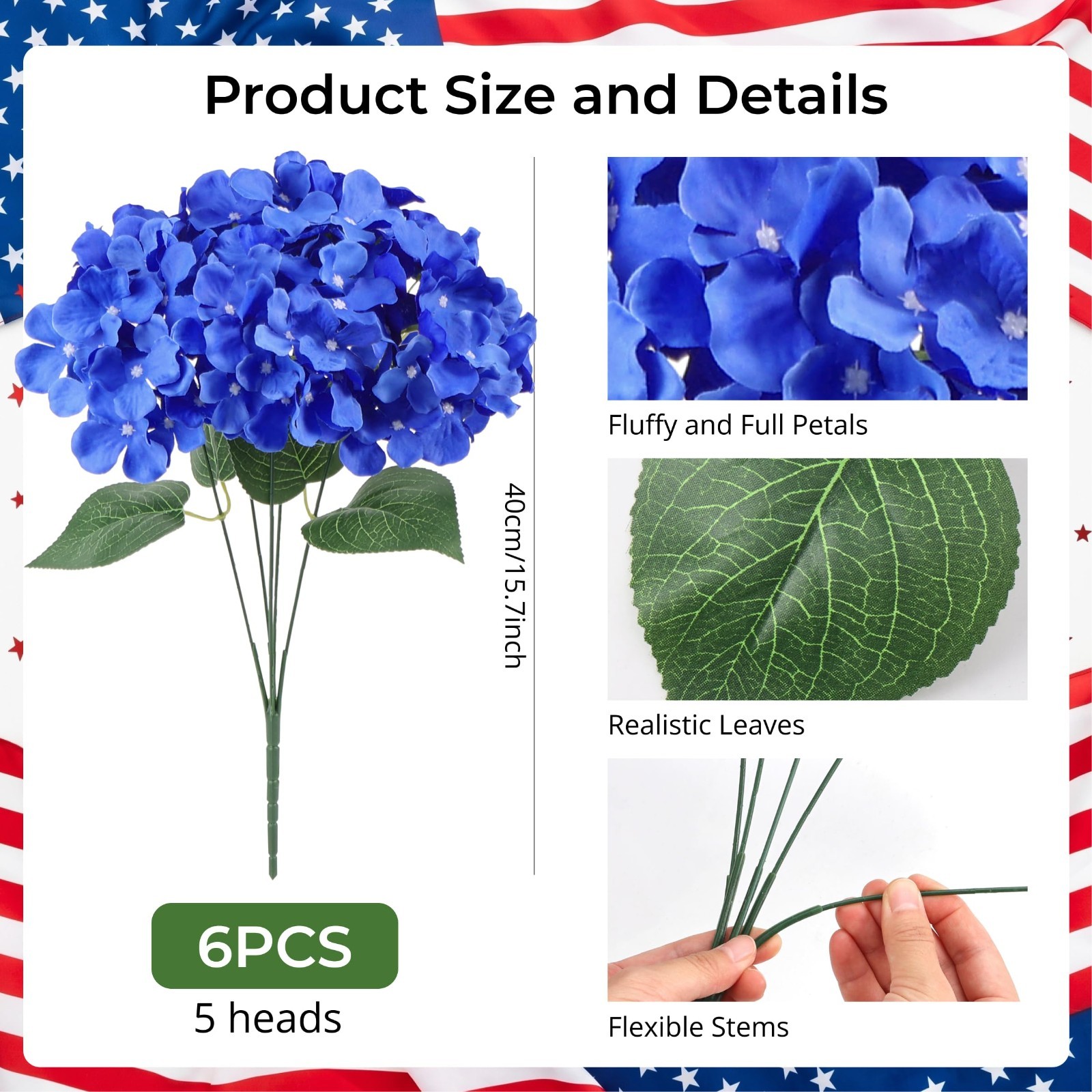 6 Bundles Patriotic Artificial Hydrangea Flowers – Red White Blue Decor for Memo