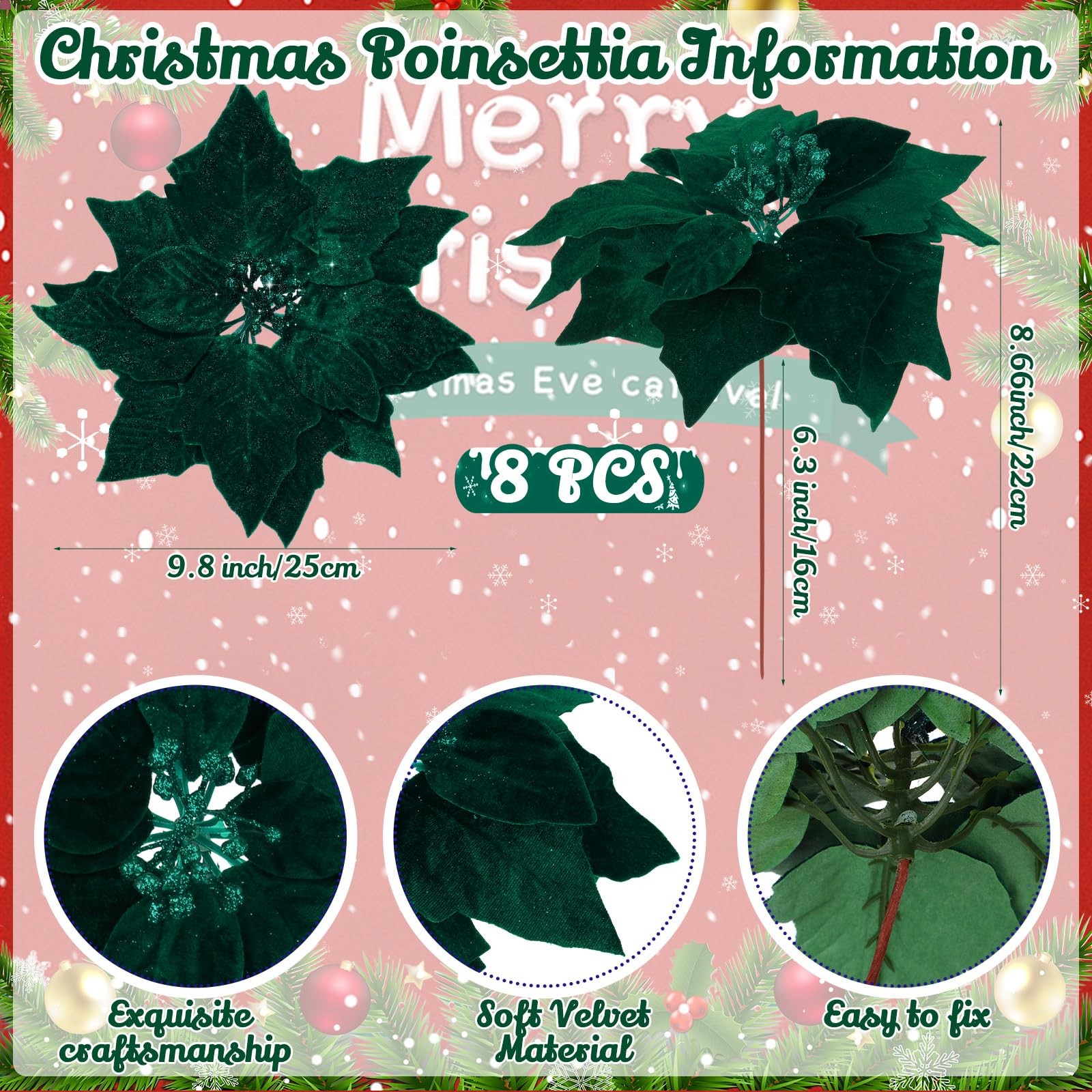 24 Pcs Velvet Poinsettia Christmas Tree Decor with 3.14 Inch Ball Ornaments I…