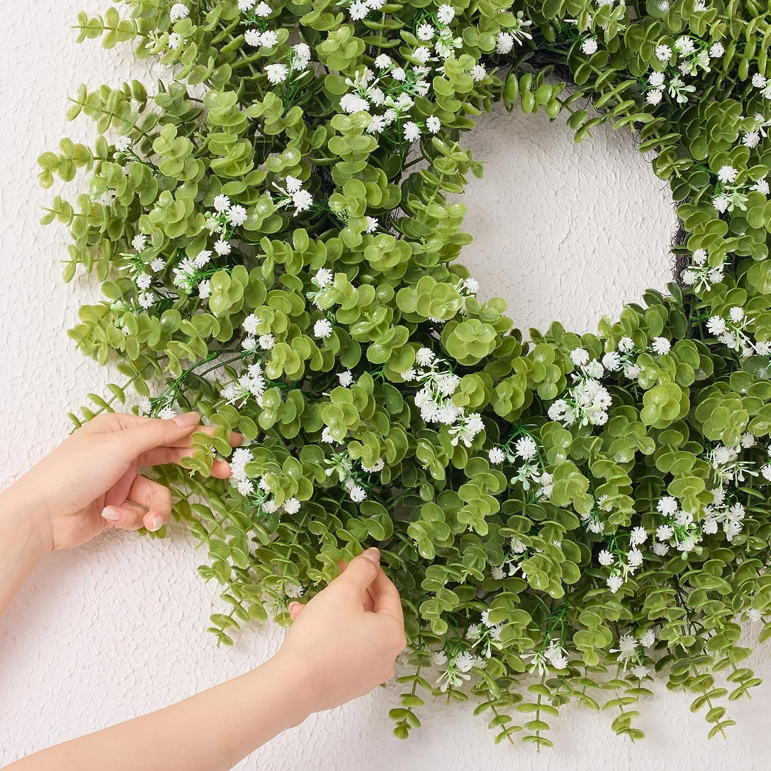 28” Large Artificial Eucalyptus Wreath with Baby’S Breath for Front Door-Faux E