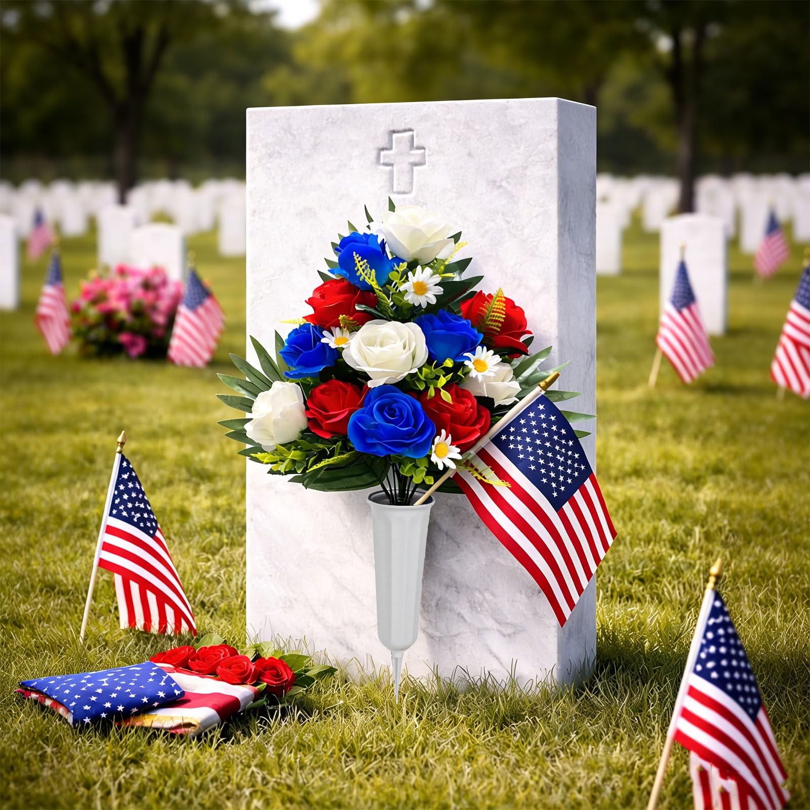 Memorial Day Flowers for Cemetery, 2 Sets Red White and Blue Grave Flowers fo…