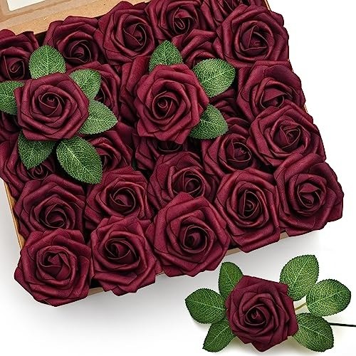 50Pcs Burgundy Roses Artificial Flowers, Burgundy Fake Rose for Decoration, R…