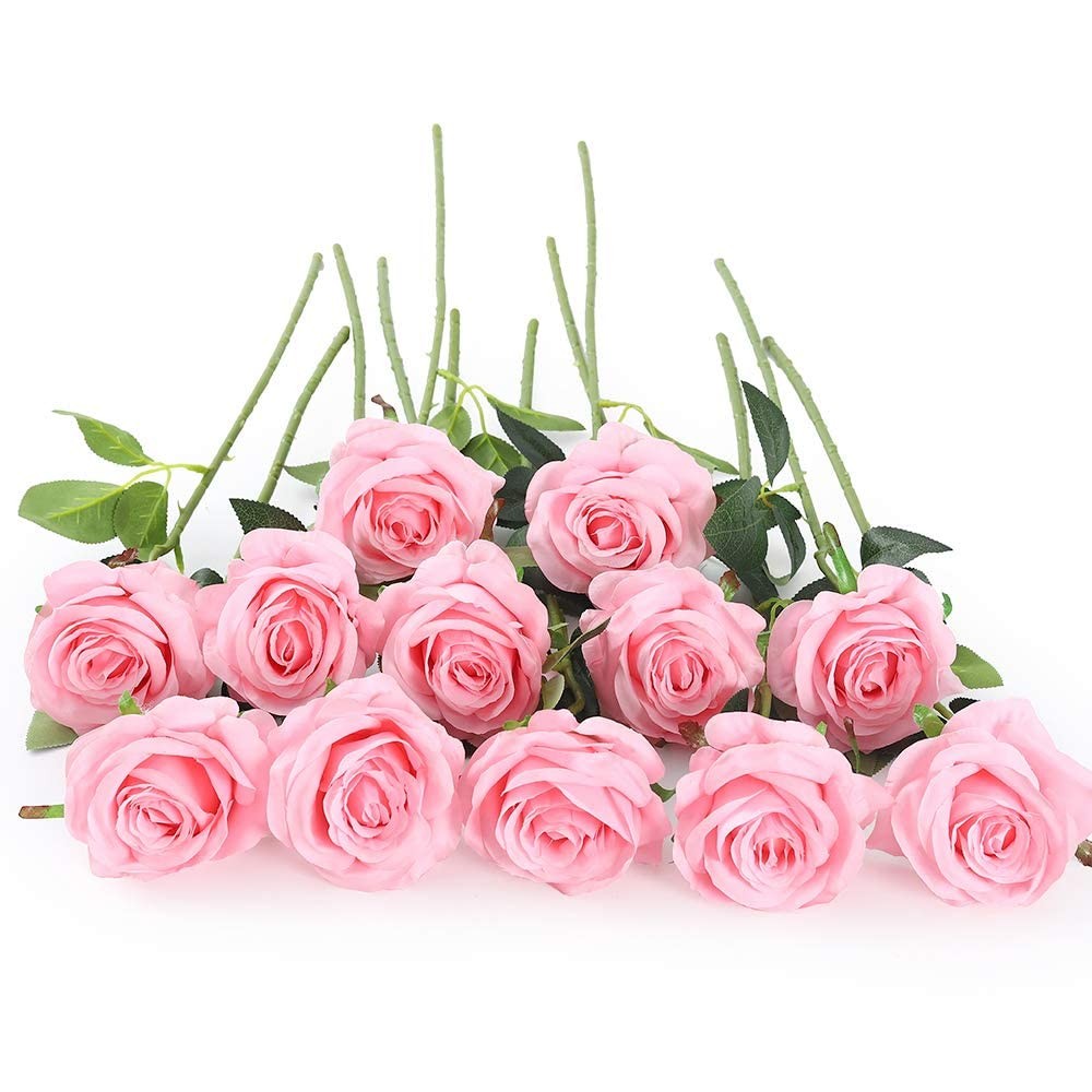 Laelfe 12 PCS Artificial Flowers Pink Roses Fake Silk Flowers Long Stem Artif…