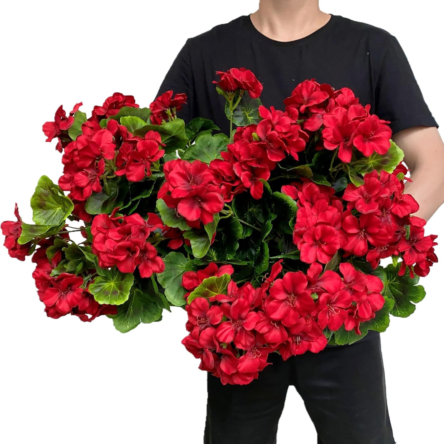 Pack of 4 Red Silk Geraniums – Lifelike Flower Bundles for Home Decor