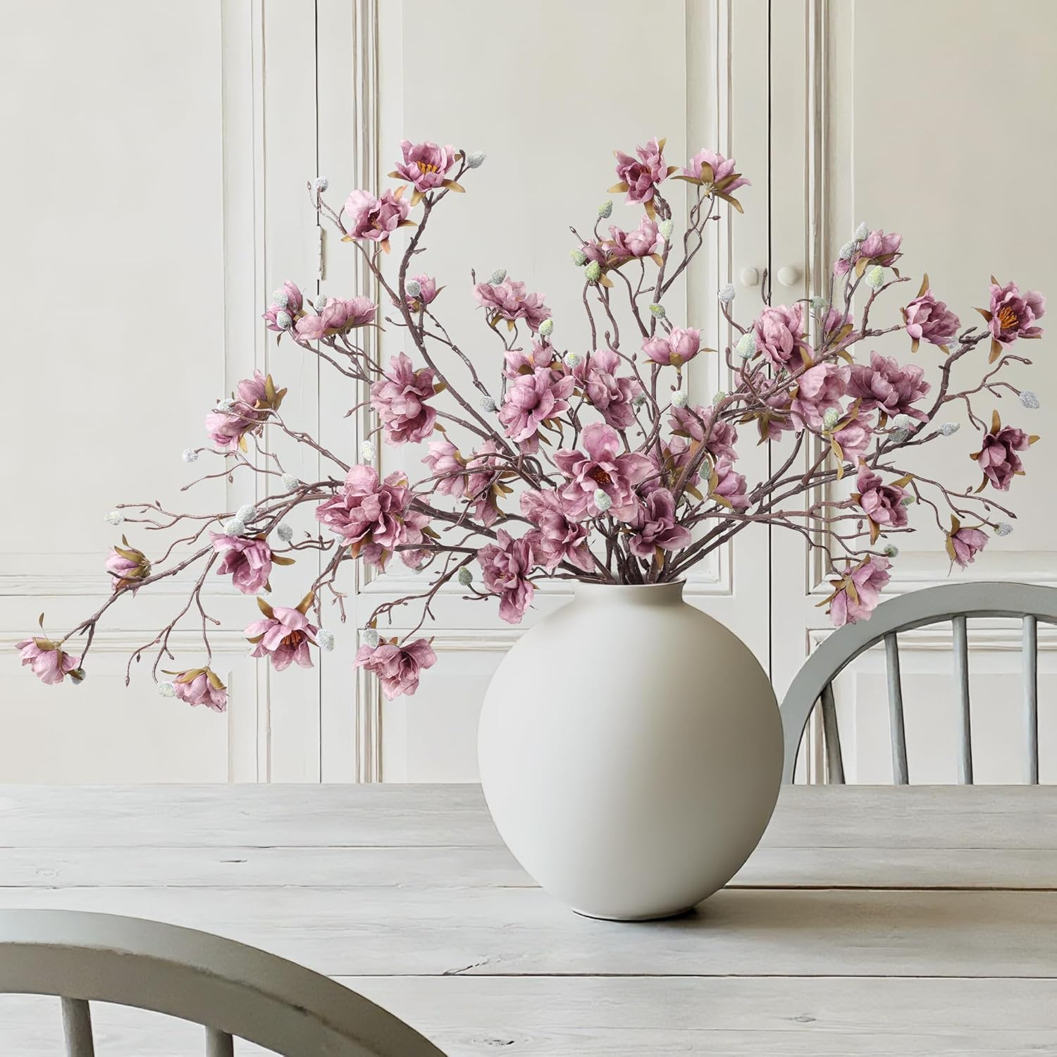 3PCS Artificial Magnolia Flowers Stems for Spring Decoration, Faux Champagne Mag