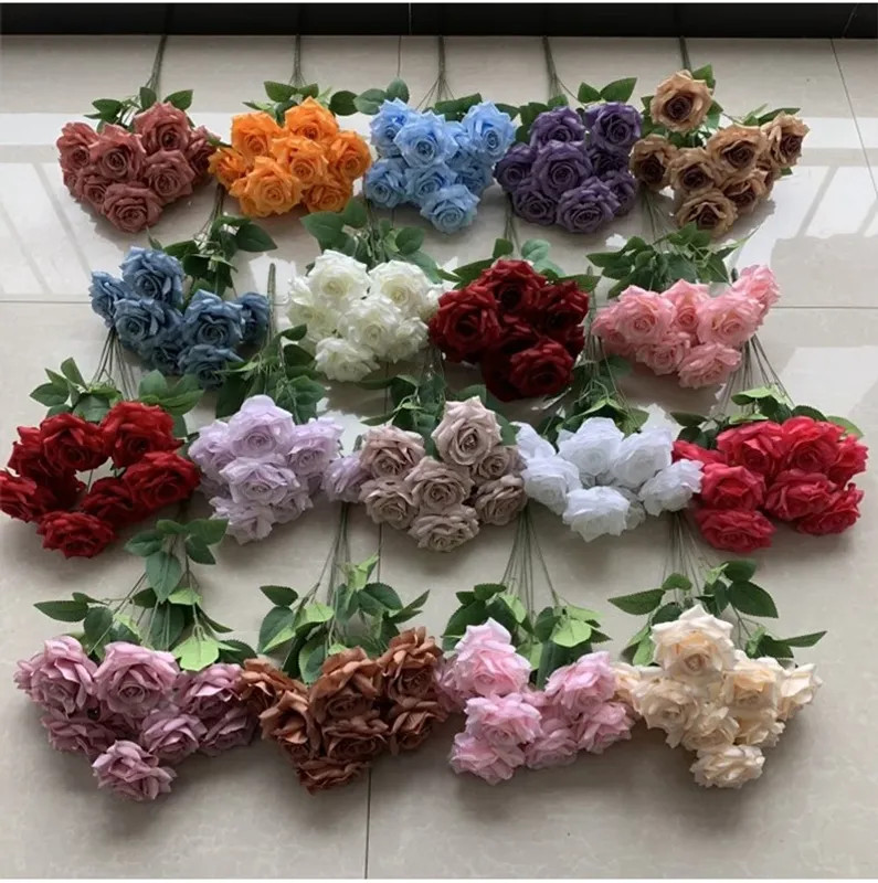 9 Heads Diamond Roses Bouquet Artificial Flower Pink Red Blue White Rose Fake