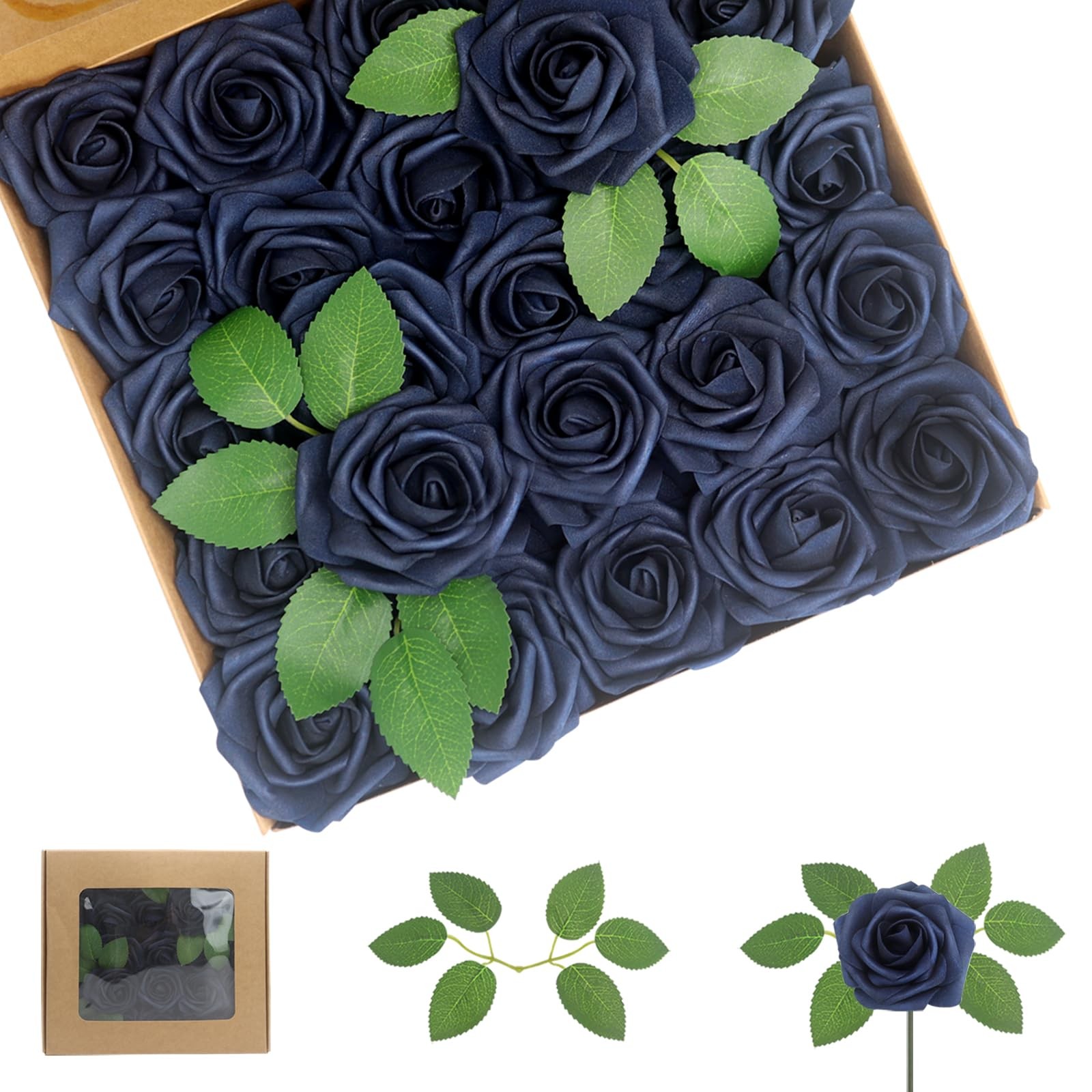 100 PCS Navy Blue Artificial Foam Roses Real Looking Fake Flower DIY Wedding