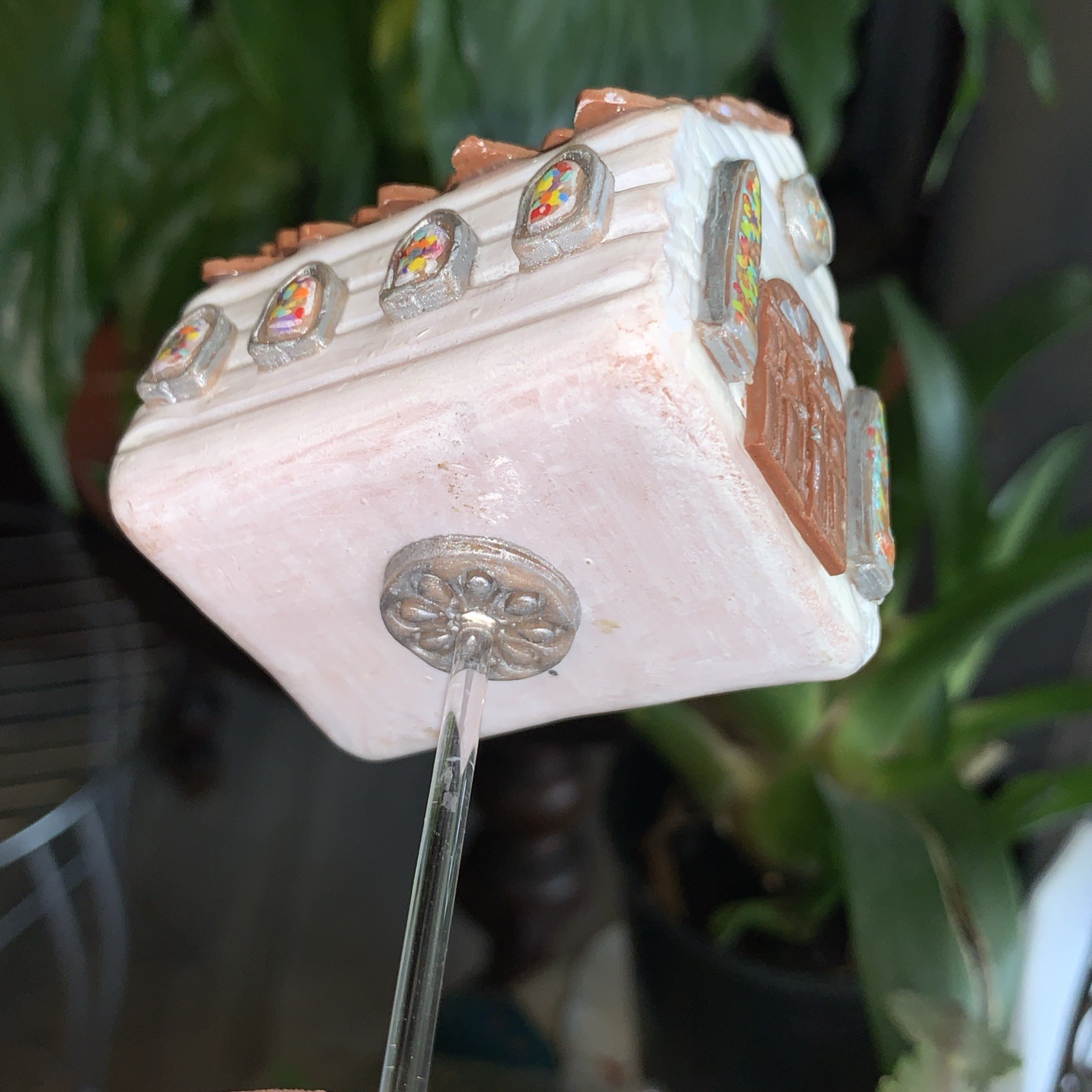 Handmade One Of A Kind Polymer Clay Church With Stained Glass Window Plant Stick