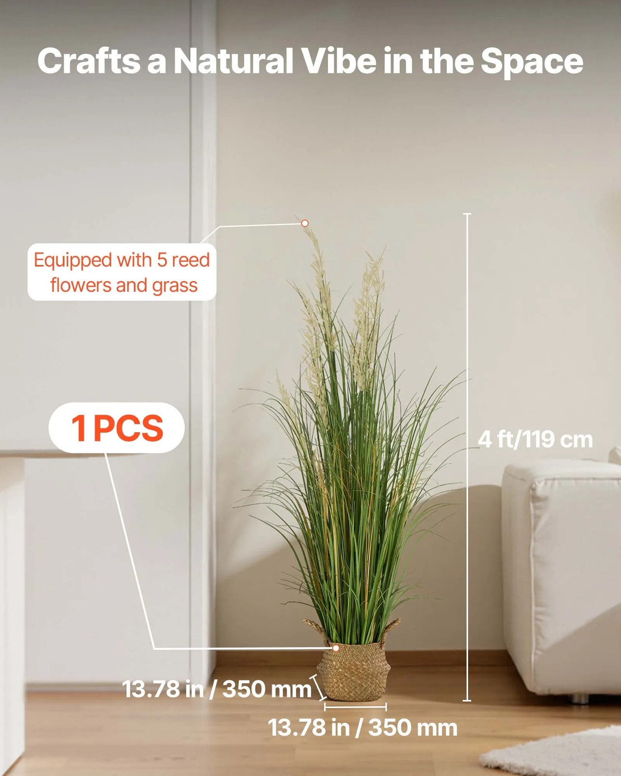 Artificial Grass Plant, 47 inch Reed Flower Grass in Pot, Premium PVC Faux Fake