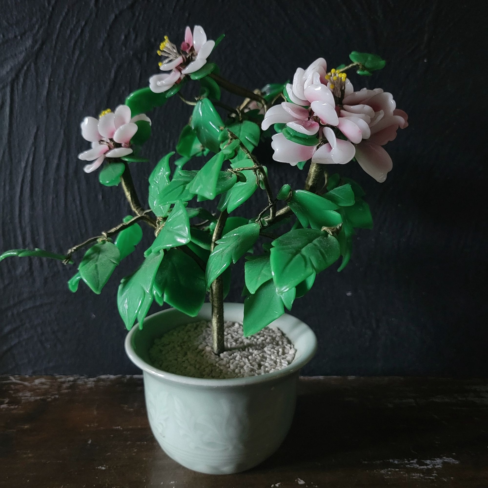 Vtg Glass Pink Flower Bonsai In Celadon Pot, Chinoiserie Flower, Asian 9 Inches