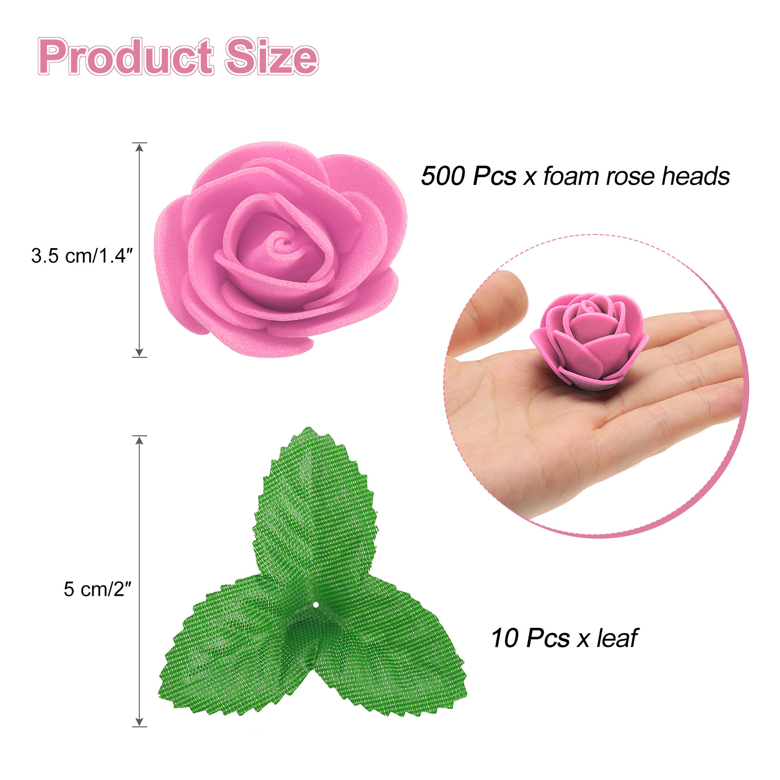 500pcs Foam Rose Heads 1.4 Inch with 10pcs Leaves for DIY Crafts , Dark Pink