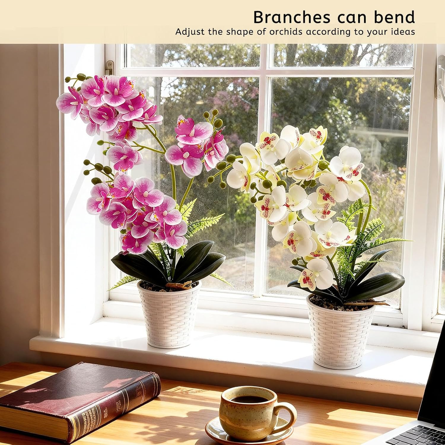 Potted Artificial Orchid Flowers – 2 Pack Silk Phalaenopsis for Home Decor