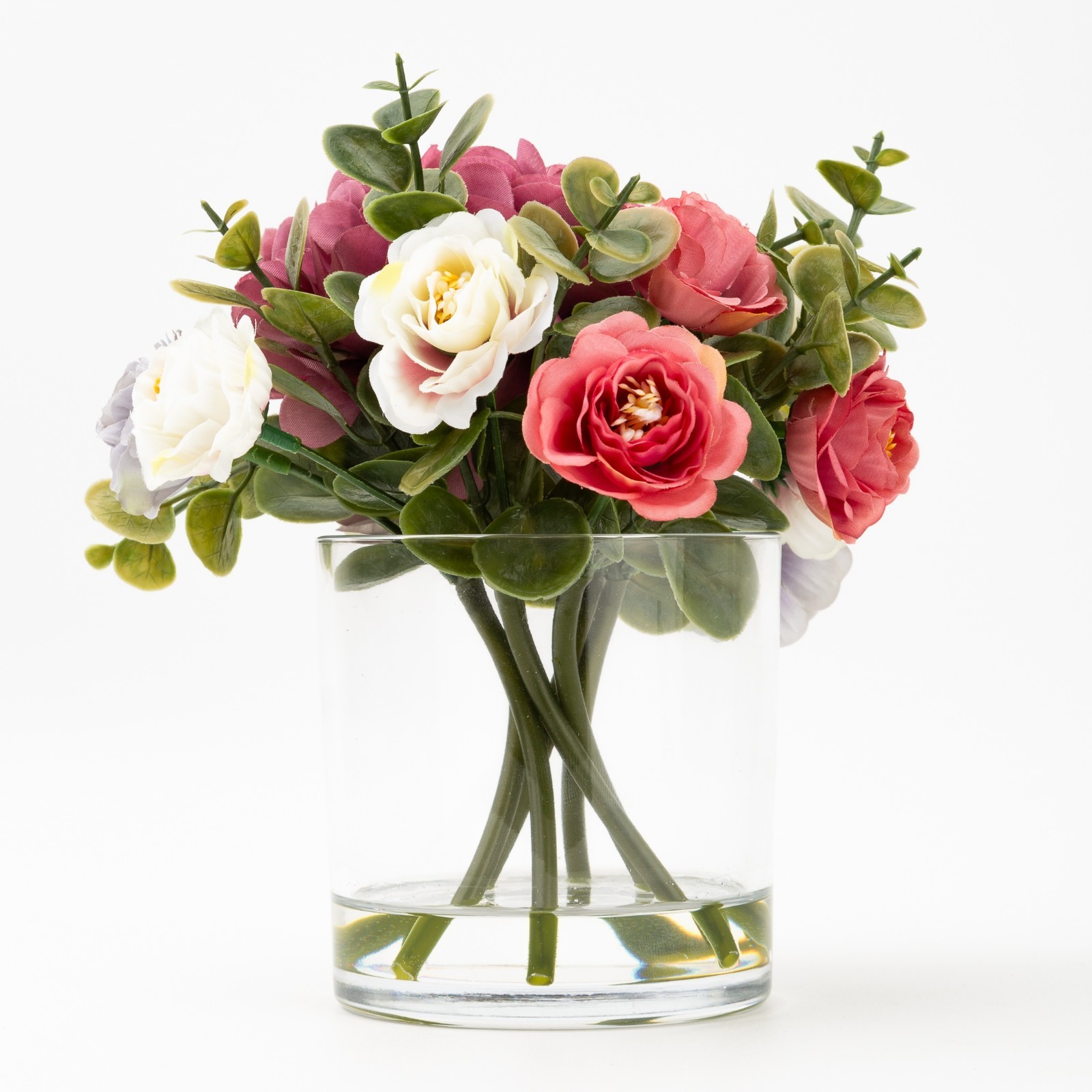 (4 pack) Mixed Faux Hydrangea Arrangement in Clear Glass Vase