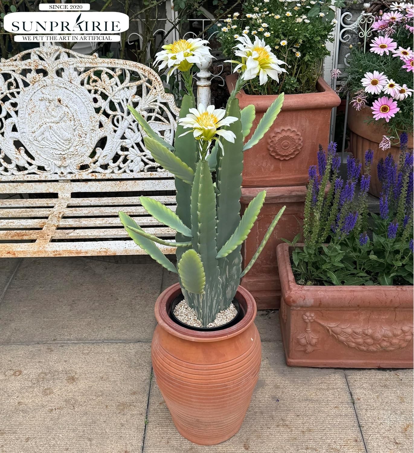 33 Inch Large Artificial Cactus with Lilly White Flowers in Pot with Natural Gra