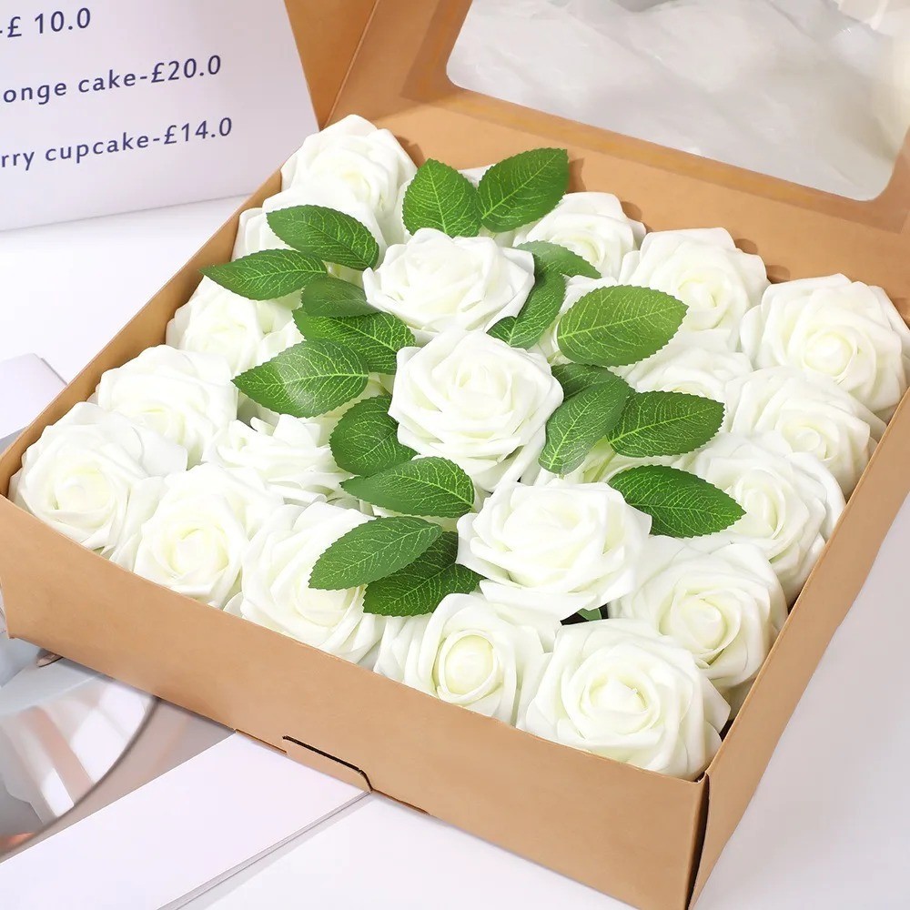 25pcs Artificial Flowers, Fake Flowers Roses W/stem For DIY Wedding Bouquets Cen