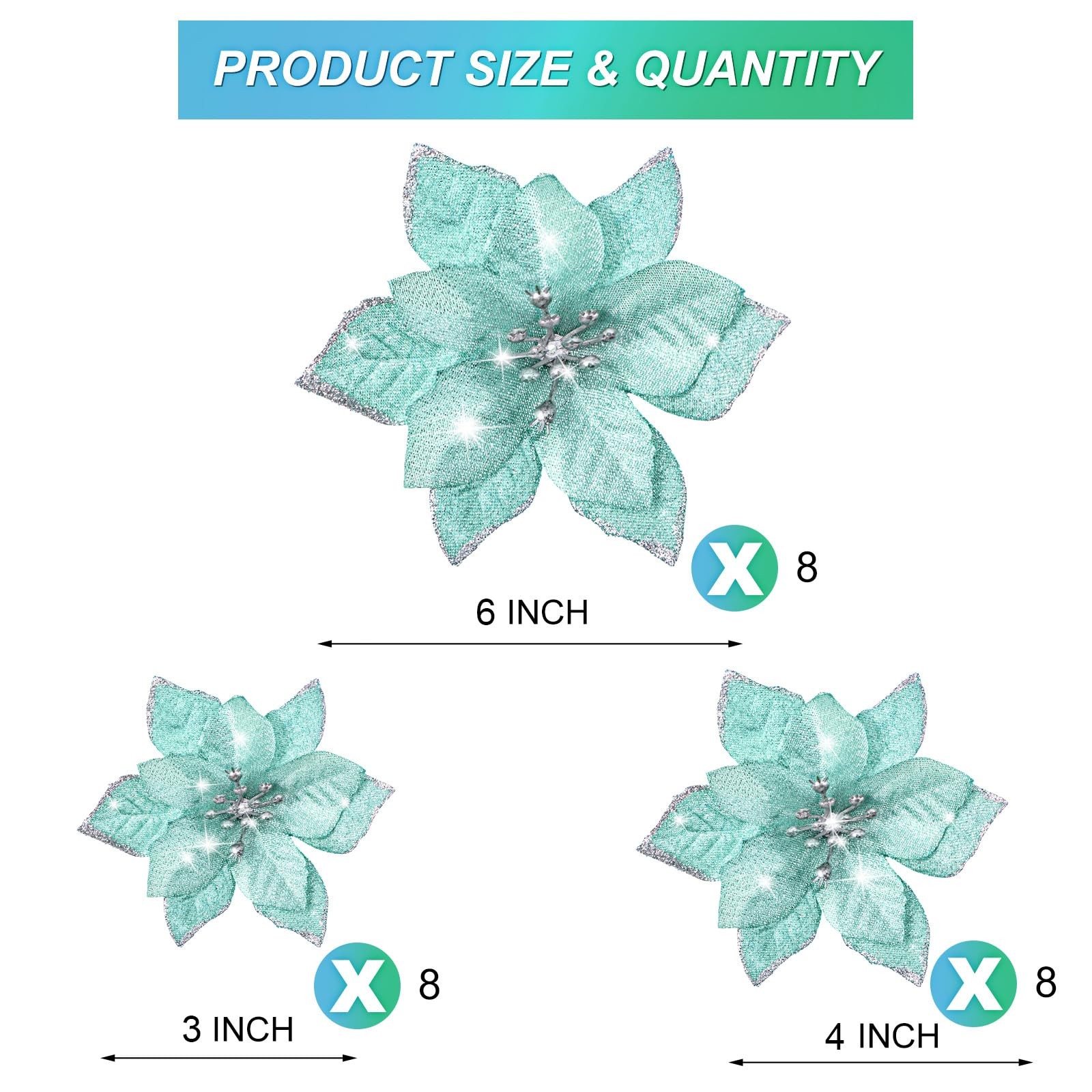 24 PCS Blue Green Glitter Poinsettia Clip-On Ornaments Christmas Tree Decor