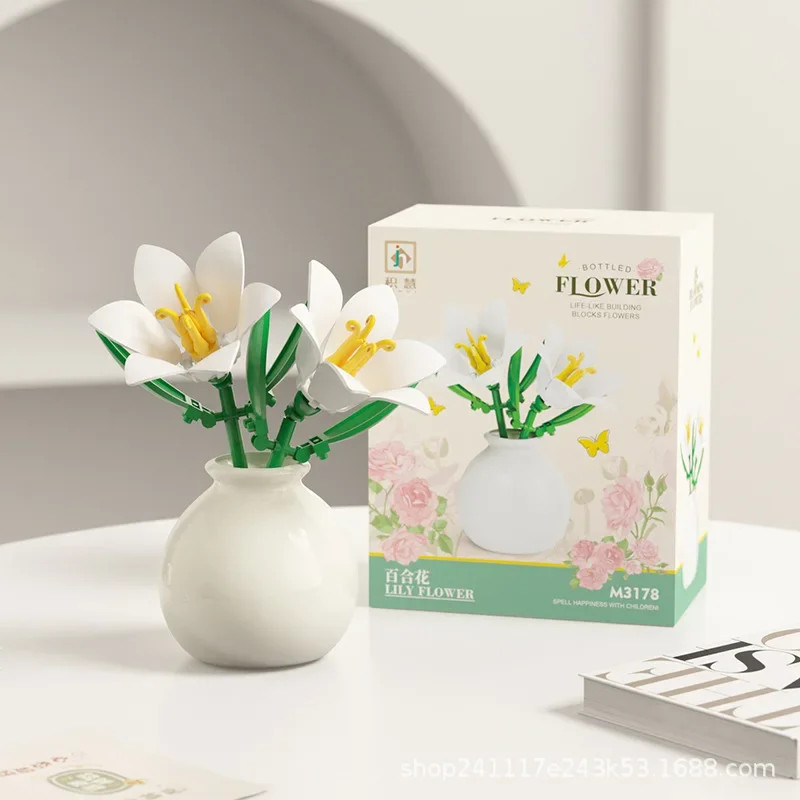 Building Block Flower Bouquet with Pot Rose Lily Desk Ornament Gift