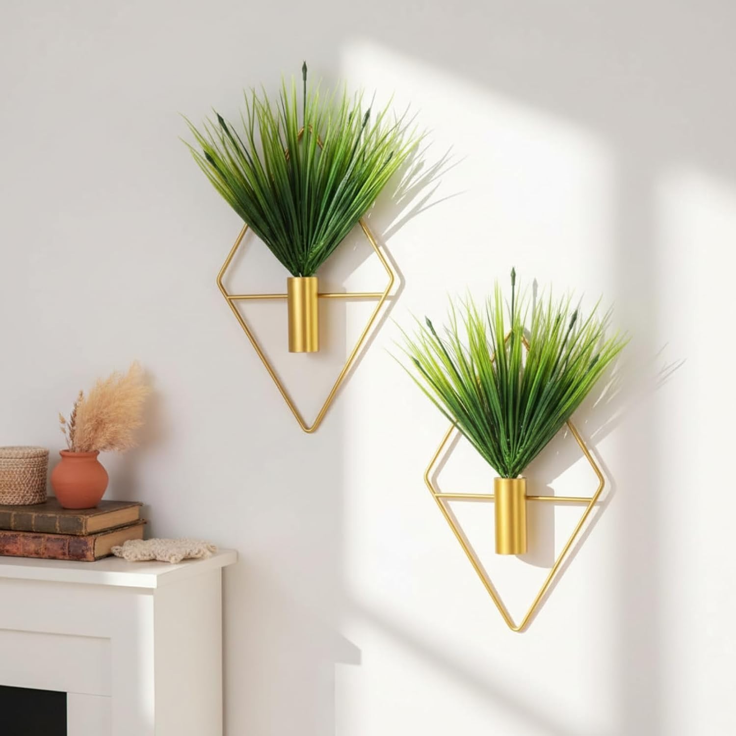 2 Pieces Gold Wall Decor Hanging Planters with Artificial Plants Metal Vase I…