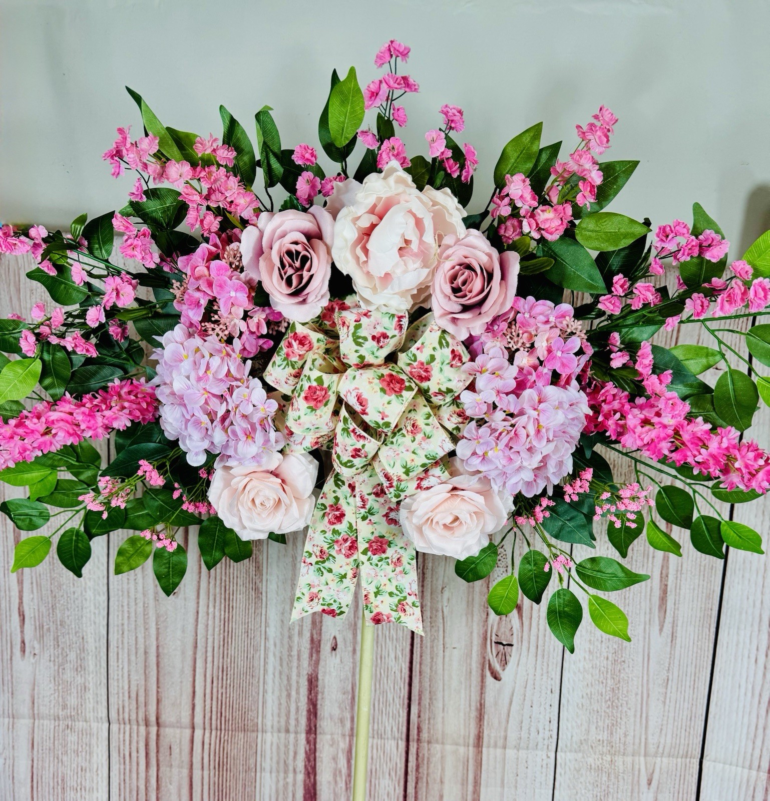 Artificial Silk Pink/White/Green Rose Hydrangea Floral Swag Wall Decor Bow