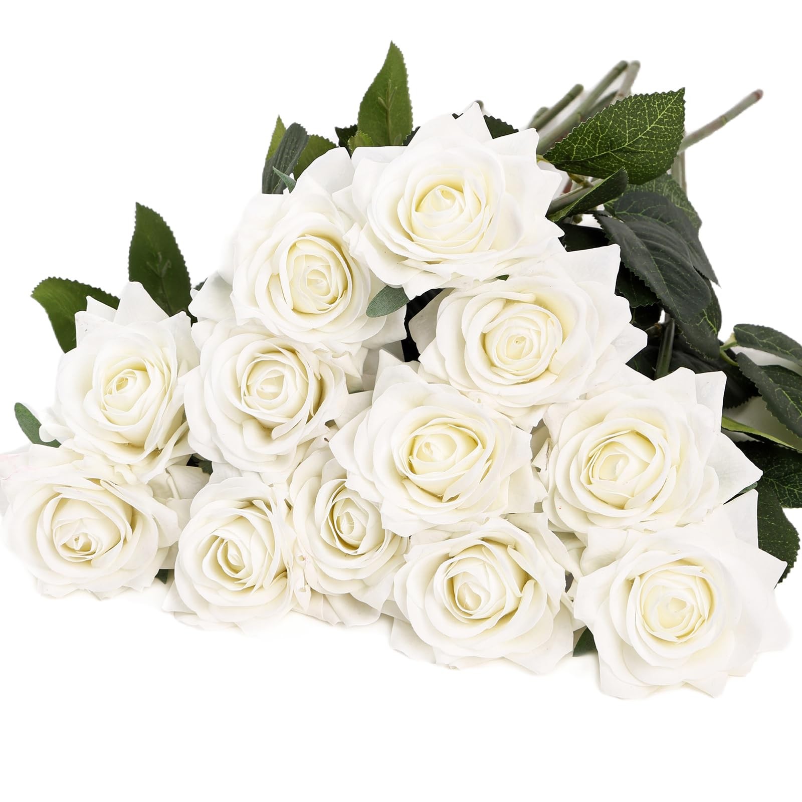 12 pcs Lifelike White Roses Artificial Flowers Real Touch Rose Long Stem Fake…